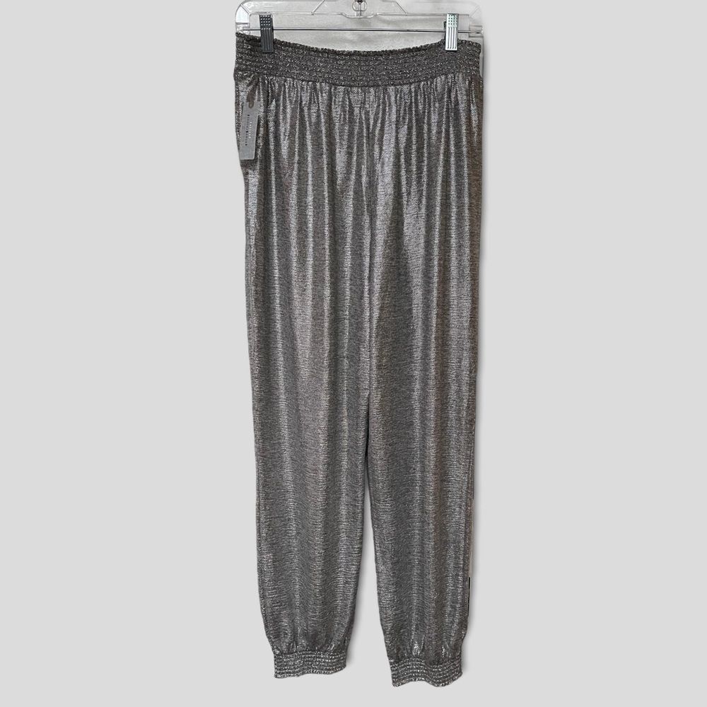 Women’s NWT Anthropologie Silver Metallic Stretch Jogger Pants. Size Med Petite - Picture 2 of 6